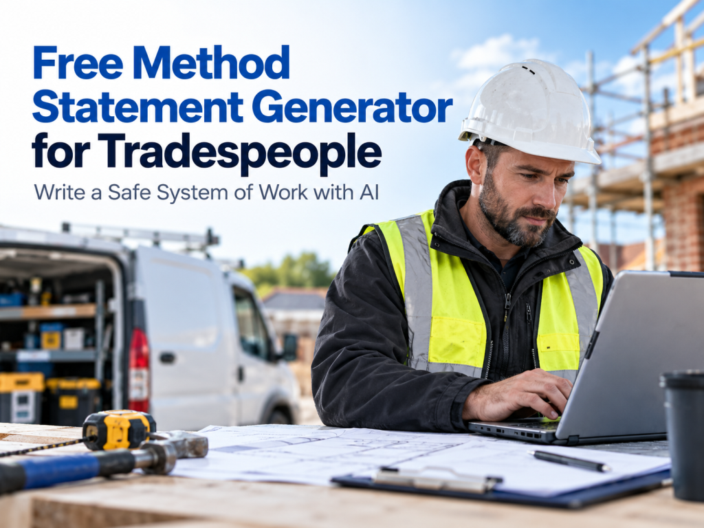 Tradesperson in a hard hat and high-visibility vest using a laptop on a building site to create a method statement, with tools, plans and a work van nearby, promoting an AI generator for safe systems of work.