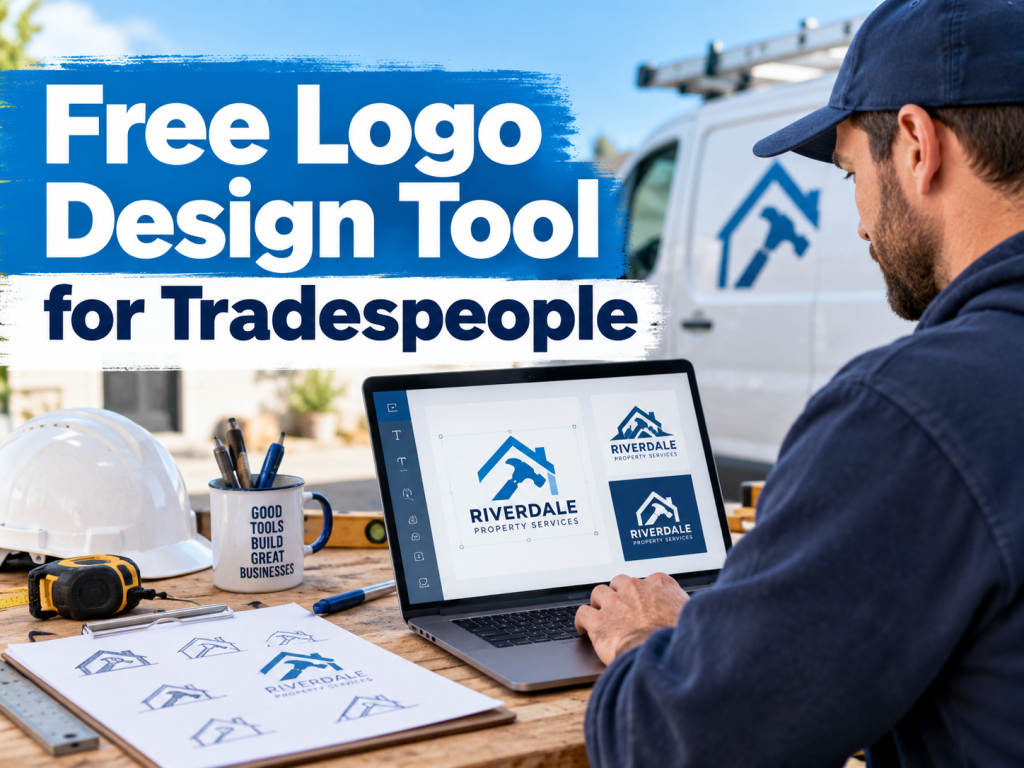 Tradesperson seated at a workbench using a laptop to design a logo, with logo sketches, tools, a hard hat and a work van in the background, promoting a free logo design tool for tradespeople.