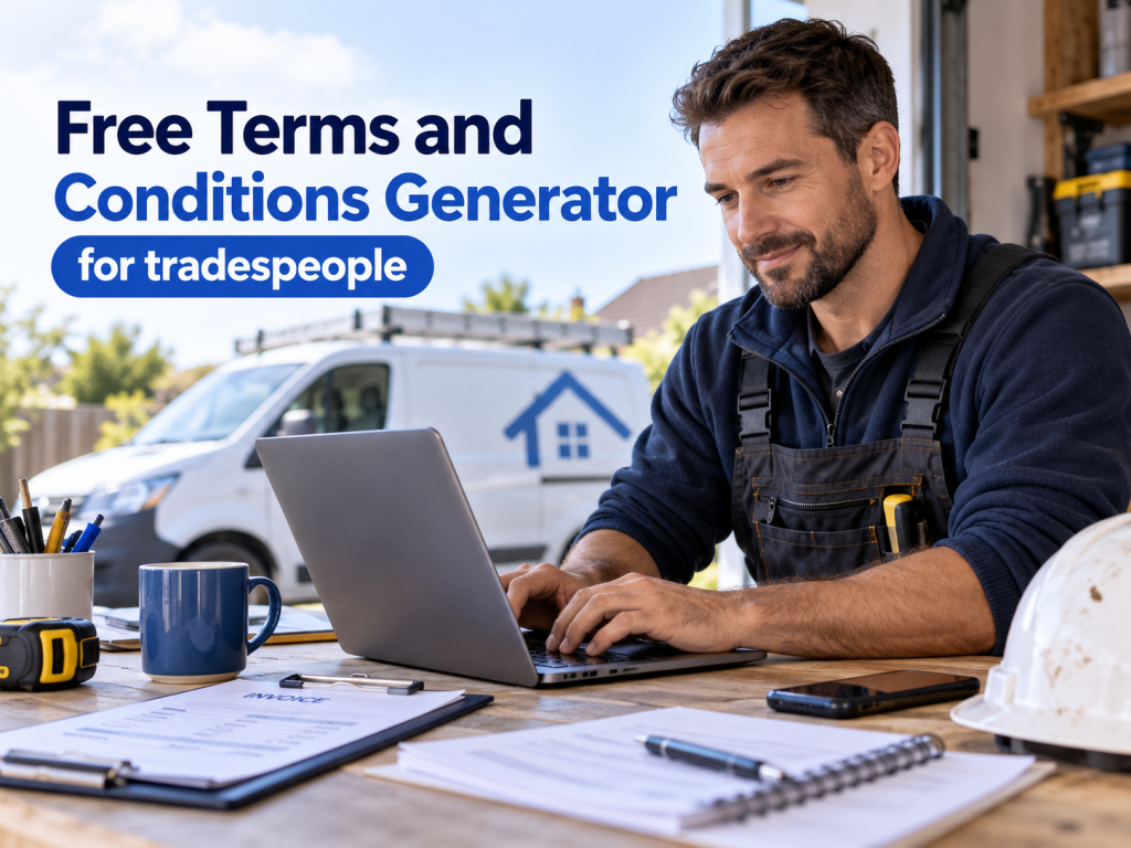 Tradesperson sitting at a desk using a laptop to create terms and conditions documents, with paperwork, tools and a work van in the background, promoting a free terms and conditions generator for tradespeople.