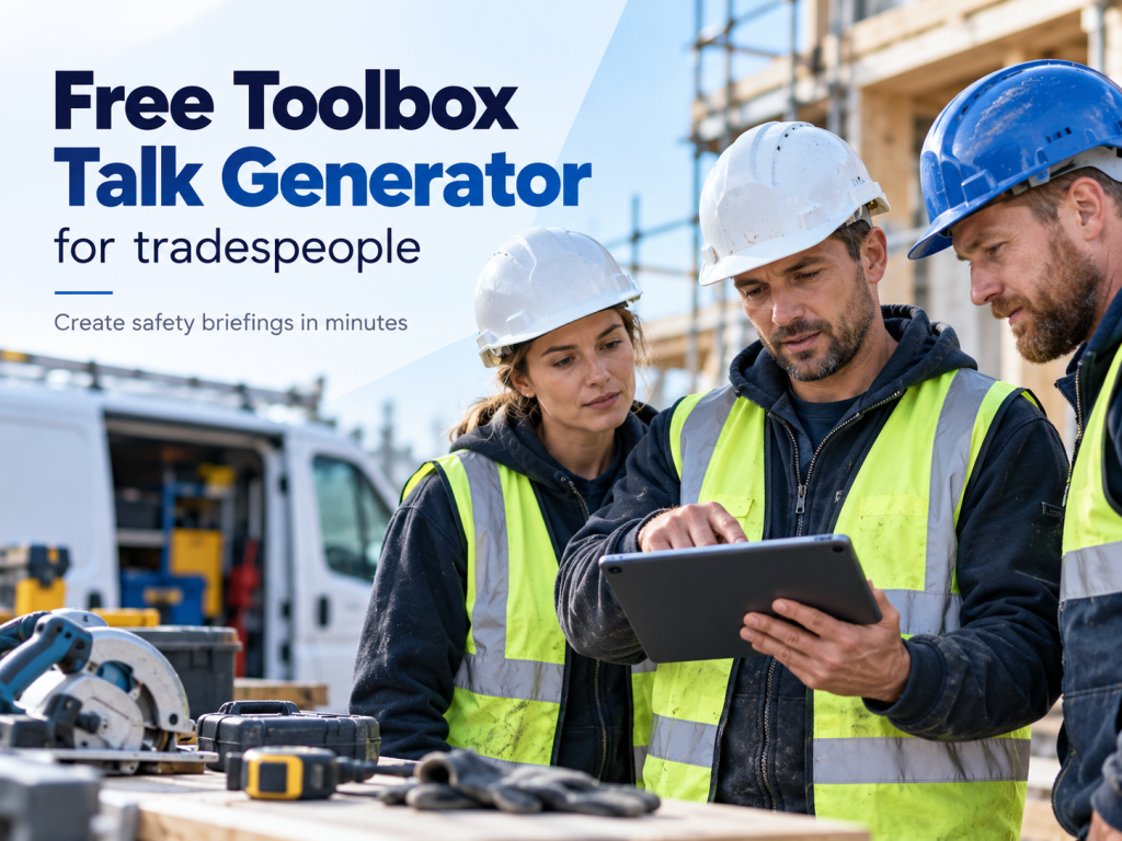 Three construction workers wearing hard hats and high-visibility vests reviewing a safety briefing on a tablet at a building site, promoting a free toolbox talk generator for tradespeople.