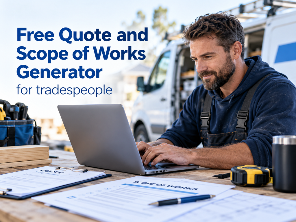 Tradesperson using a laptop at a workbench to prepare a quote and scope of works, with paperwork, tools and a work van in the background, promoting a free quote and scope of works generator for tradespeople.